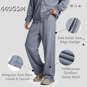 Wholesale Heavyweight 420GSM 100% Cotton Fleece Vintage Raw Edge Distressed Snow Wash Streetwear Pants for Men - Product Image 1