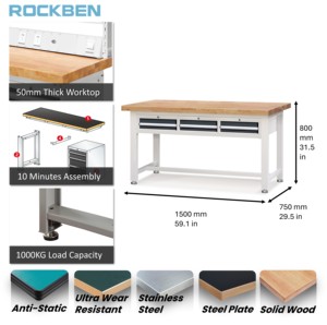 Rockben ngang 3 ngăn kéo có thể khóa nặng-Nhiệm vụ bàn làm việc có thể điều chỉnh chân thép Khung bàn làm việc cho hội thảo - Product Image 2