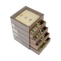 Boîte de rangement à bijoux 5 couches en gros avec couvercle anti-poussière transparent, tiroirs imitation bois et compartiments de rangement doublés de velours