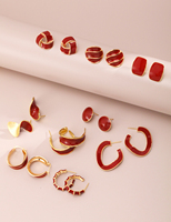 Boucles d'oreilles créoles en argent sterling S925 avec émail rouge chinois, design classique à fermoir doré