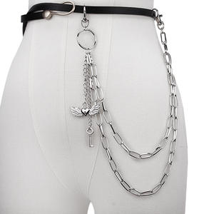 Cadena de cuerpo de moda de aleación de zinc con colgante de doble capa de corazón, ala y llave, cadena para pantalones, estilo punk casual - Product Image 2