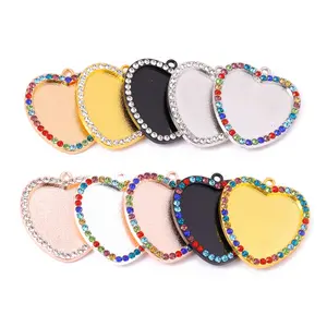 100pcs 25mm Inner Size Rhodium Rose Gold Plated Colorful Rhinestone Heart Blank Cabochon Base Setting Charms Pendant