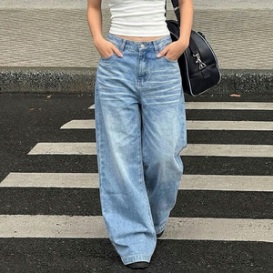 American Vintage Curved Blade Denim Design Loose Straight Wide Leg Pants Low Waist Washed Basic Sky Blue Versatile Jeans - Product Image 5