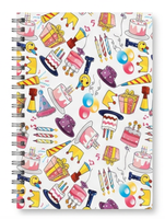 Kit d'emballage cadeau en papier recyclable avec motif de gâteau d'anniversaire dessiné à la main, comprenant boîte, carte de vœux et étiquette cadeau
