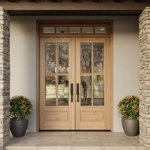 Porte Esterne in Legno Massello dal Design Moderno con <span class=keywords><strong>2</strong></span> Pannelli Laterali in Vetro, Porte Frontali a Doppia Anta in Legno per Case - Product Image 4