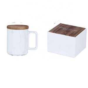 Nordic Folk Art Style Custom Logo Cork Base Ceramic Coffee Mug Insulated Wooden Bottom Plastic Lid Matte Grey <b>White</b> Black Glaze - Product Image 1