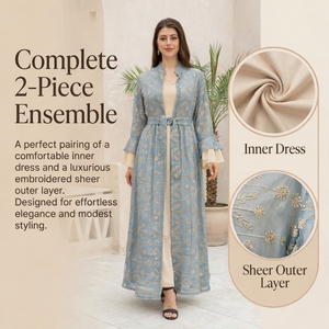 ชุดอาบายะปักลายเปิดด้านหน้าสำหรับผู้หญิง พร้อมเข็มขัด 2 ชิ้น ชุดราตรีแบบเรียบร้อยสำหรับงานอีด แบรนด์ส่วนตัว - Product Image 2