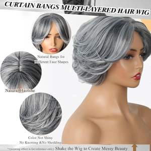 Style de vague de doigt Bob bouclés <span class=keywords><strong>gris</strong></span> pour femmes pour perruque Pixie dentelle transparente courte faite de <span class=keywords><strong>cheveux</strong></span> humains noirs - Product Image 6