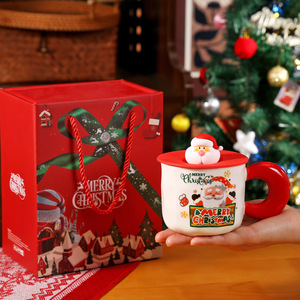 Christmas Santa Mug With Lid Red Green Ceramics Cup Thematic Design <b>Gift</b> Box Set - Product Image 2