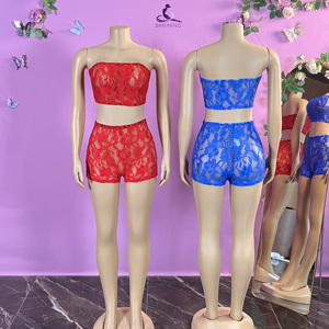 HR24018 2026 Conjunto de 2 Piezas de Encaje Transparente para Mujer, Top Tubo sin Tirantes, Shorts Ajustados, Atuendo Sexy para Club - Product Image 2