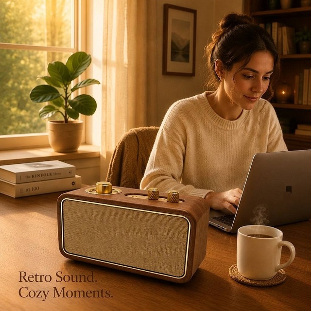 Retro for 50 Speaker with FM/AM Radio DTS-HD 12H Playtime Portable Wood Design for Home Office Travel & Outdoor