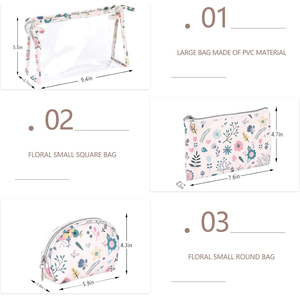 Lot de 3 trousses de maquillage florales imperméables, petites pochettes transparentes avec fermeture éclair, sacs de voyage portables pour articles de toilette - Product Image 5