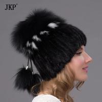 JKP Winter-Damenfellmützen: Gestrickte Bommel-Nerzmütze für Frauen mit anpassbarem Futter, Reise-Beanie aus gängigem Stoff, verstellbar