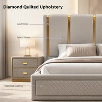 Luxuriöses Polsterbett-Set mit 2 Nachttischen, Diamant-Steppung, Goldakzent-Kopfteil, Schubladenspeicher, Graue Schlafzimmermöbel