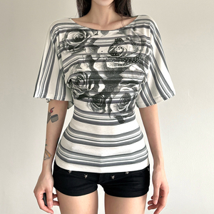 T-shirt en tricot à imprimé rayé rose pour femme, col rond, manches courtes, coupe ajustée, top sculptant la taille, style Y2K vintage, décontracté et polyvalent - Product Image 6