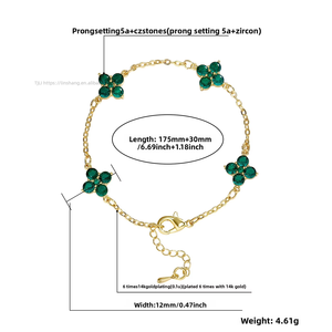 สร้อยข้อมือรูปดอกโคลเวอร์ประดับเพทายสีเขียวสำหรับผู้หญิง เครื่องประดับนำโชค สร้อยข้อเท้าชุบเคลือบเงา แฟชั่นฤดูร้อน - Product Image 4