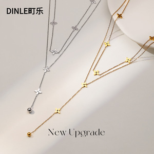 สร้อยคอสองชั้นรูปใบโคลเวอร์สี่แฉก Dinle ทำจากโลหะผสมสังกะสีเคลือบทองและเงิน สร้อยคอแฟชั่นสำหรับผู้หญิง ของขวัญเครื่องประดับ - Product Image 1