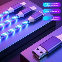 Cable de Carga Rápida USB 3 en 1 con Cubierta de TPE y Luces LED Intermitentes para Teléfono Móvil y Vehículo, Conectores Micro USB Tipo C