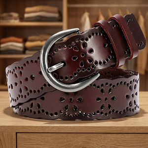 Ceinture décontractée en cuir de vachette véritable avec découpes géométriques, boucle ardillon argentée, moulage monobloc durable - Product Image 2