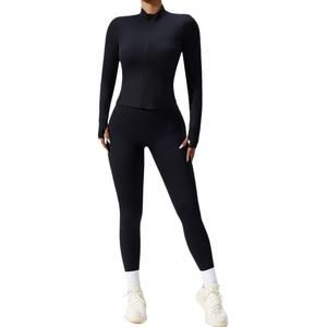 Ensemble de yoga pour femmes, haut à manches longues avec fermeture éclair, leggings taille haute, couleur unie, spandex, vêtements de fitness, XS à 3XL - Product Image 2
