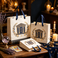 Sac de shopping écologique haut de gamme avec logo personnalisé imprimé, poignées en ruban, style inspiré de la mythologie