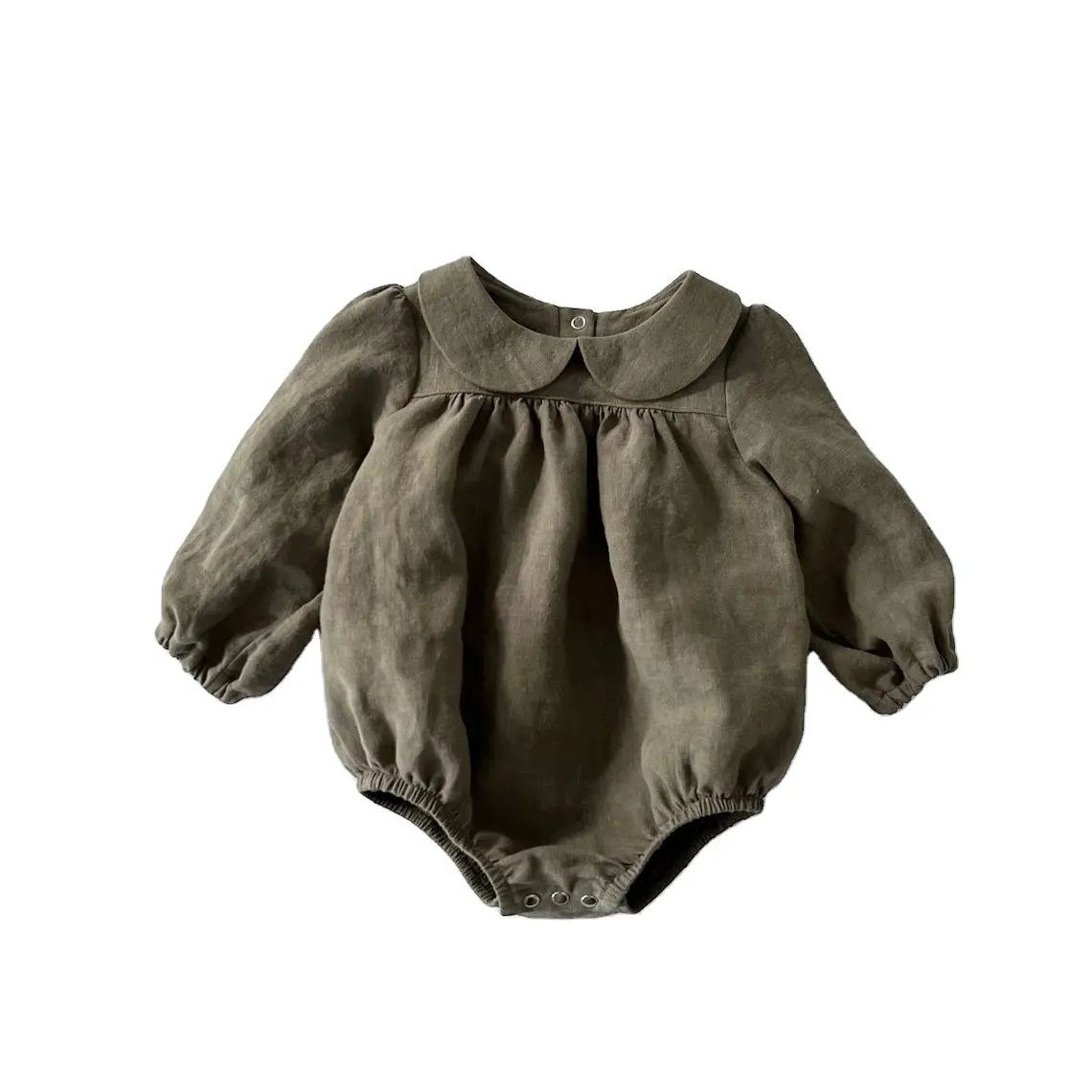 Peter pan yaka uzun kollu romper ile keten kabarcık romper bebek bebek romper bebek kız giysileri tulum