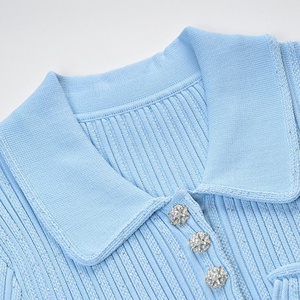 Vintage Style élégant printemps dame col rabattu à manches courtes femmes tricot Sequin mince ajusté volants robe courte solide - Product Image 4