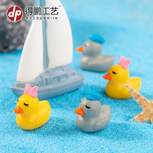 Figurines de canard de dessin animé jaunes avec nœud rose, gris avec chapeau bleu, décor animal miniature, ornements de jardin - Product Image 2