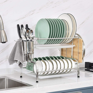 Égouttoir à vaisselle à 2 niveaux en acier inoxydable, support de séchage de vaisselle à deux niveaux, organisateur de vaisselle de cuisine avec plateau de drainage - Product Image 1