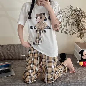 Conjunto de pijama de 2 piezas para mujer, ropa de dormir con camiseta estampada y pantalón largo