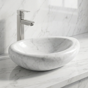 Lavabo en marbre blanc, lavabo ovale, lavabo de salle de bain à poser sur le comptoir, design intégré en une seule pièce - Product Image 1