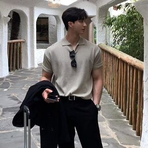 T-shirt <span class=keywords><strong>POLO</strong></span> in maglia a maniche corte con scollo a V e colletto a gabbiano, stile Old Money, in seta ghiaccio, per affari, estiva, all'ingrosso per il commercio transfrontaliero - Product Image 1