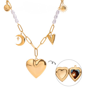 Heart Shape Gold Stainless Steel Pearl Pendant Necklace With Photo <b>Locket</b> For Gift - Product Image 1