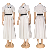 Robe longue élégante vintage d'été à col polo et taille élastique pour les loisirs