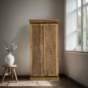 Solid Wood Sliding Door <b>Wardrobe</b> with Handwoven Cane Panels | Natural Finish Space-Saving Almirah | Modern <b>Rustic</b> Bedroom - Product Image 5