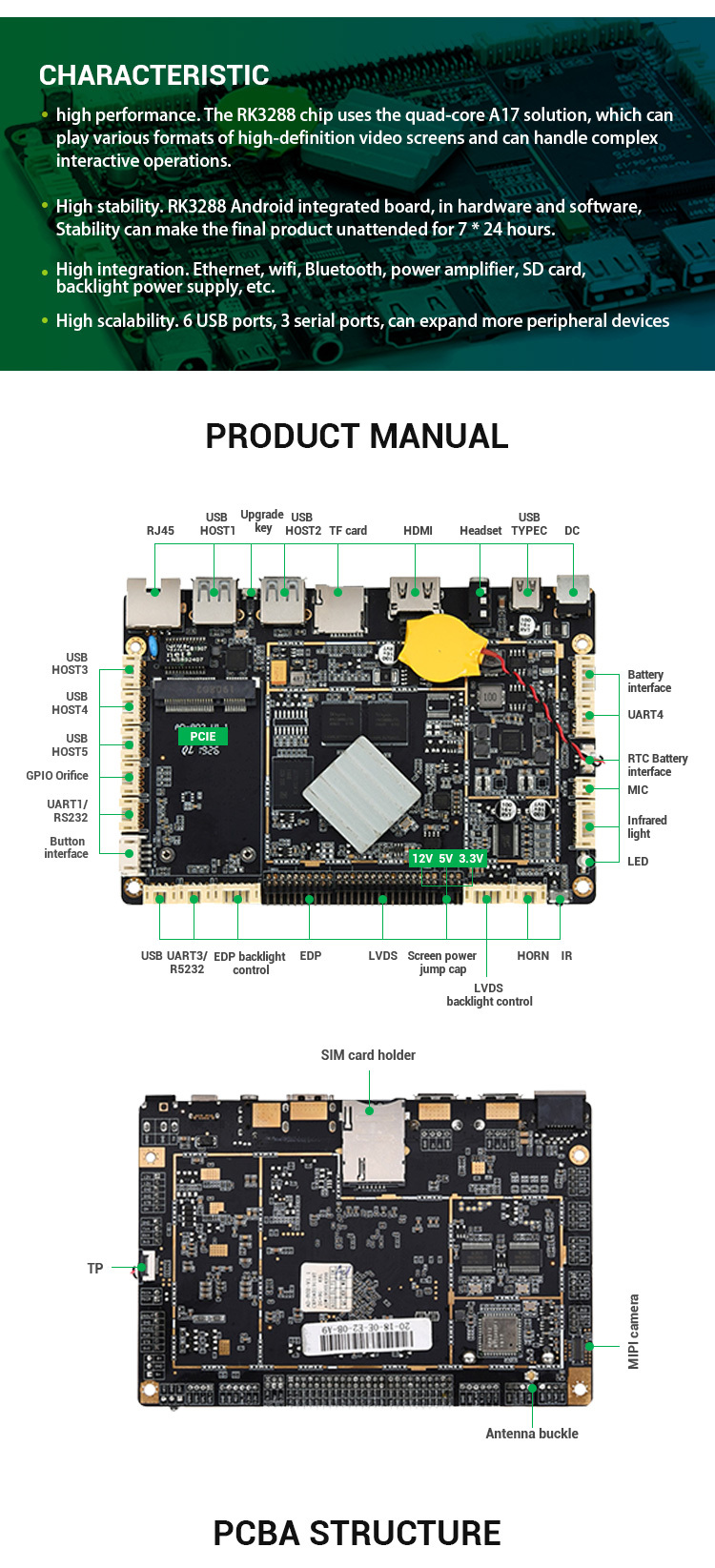 -core Android integrado Junta LVDS EDP 4G LTE Ethernet Industrial Control de la publicidad de la placa base para digital quiosco