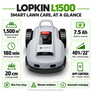 หุ่นยนต์ตัดหญ้าแบบขับเคลื่อนสองล้อ LOPKIN L2500 พร้อมระบบป้องกัน IP66 และการตั้งค่าการตัดหญ้าแบบหลายโซนผ่านแอปพลิเคชันสำหรับการดูแลสนามหญ้าในบ้าน - Product Image 1