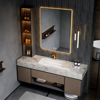 Muebles de Baño Flotantes de Lujo para Hotel, con Encimera de Piedra Sinterizada, Gabinete de Madera Sólida, Espejo LED Inteligente, Lavabo Integrado