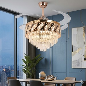 Ventilateur de plafond à pales invisibles, lustre de luxe en cristal doré, éclairage suspendu LED avec télécommande pour maison moderne et salle à manger - Product Image 4