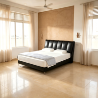 Lit en fer rembourré en cuir PU véritable noir moderne et confortable avec rangement, taille King/Queen, cadre en bois de pin, chambre à coucher, garantie 1 an