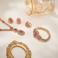 Ensemble de bijoux en laiton de haute qualité pour femmes, collier, boucles d'oreilles, bagues et bracelet en or rose avec zircon rose, 4 pièces, cadeau de mariage