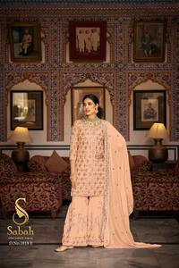 Costume Salwar Kameez semi-cousu de travail de broderie lourde avec costume de palazzo de style fantaisie d'Inde Exportation - Product Image 6