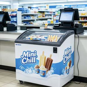 Congelatore orizzontale commerciale per gelati con vetro curvo trasparente, adesivo promozionale personalizzato, sistema di raffreddamento stabile per pasticcerie e negozi di dolciumi - Product Image 1