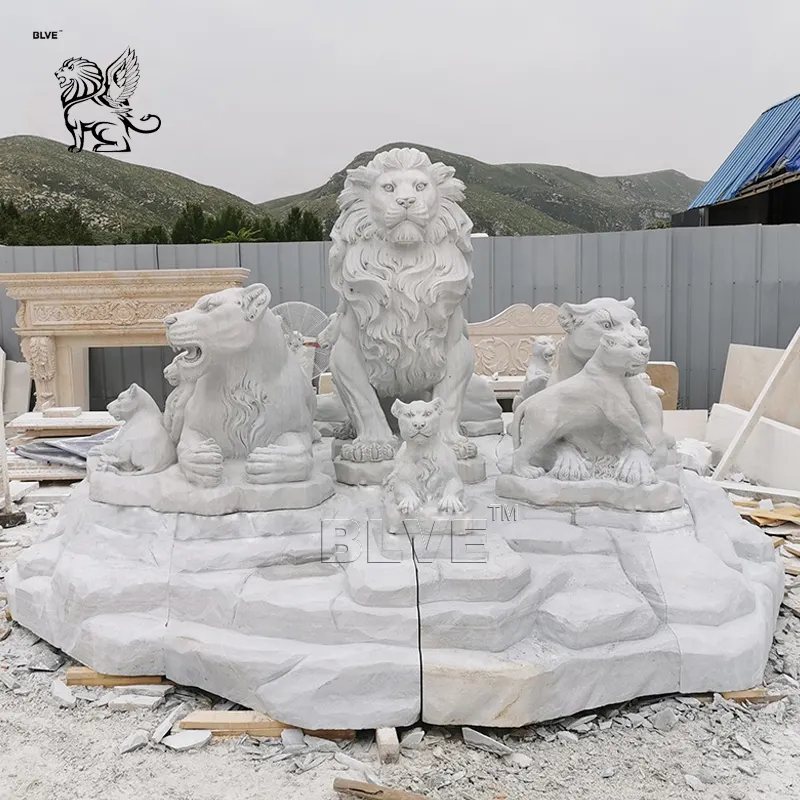 Outdoor Decorative Large Garden White Lion Family Marble Sculpture Stone Lions for sale