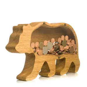 صندوق نقود خشبي على شكل دب ومرسوم عليه حيوان إبداعي شعار مخصص صناديق خشبية على شكل خنزير صندوق هدايا عيد ميلاد للأطفال