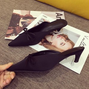 Mules élégantes pour femme en satin à bout pointu avec nœud, talons fins et bas, pour l'extérieur, style mode et chic - Product Image 5