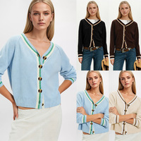 Vintage College Gestreifter Strick-Cardigan für Damen V-Ausschnitt Oversize Langarm Goldknöpfe Crop-Top Game Day Pullover mit Anpassbarem Team-Logo