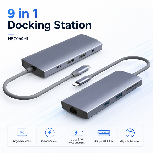 9-in-1 USB-C Docking Station with 4K+60Hz HDMI, Gigabit Ethernet,100W PD,2*USB3.0+1*USB2.0,SD/TF Reader,3.5mm Audio Jack