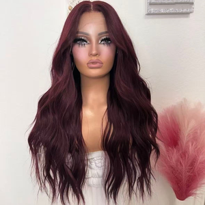 Pelucas de Cabello Humano Remy Vietnamita con Alineación de Cutículas, Color Borgoña 99J, Ondulado Natural, con Frente de Encaje Transparente para Mujer - Product Image 1