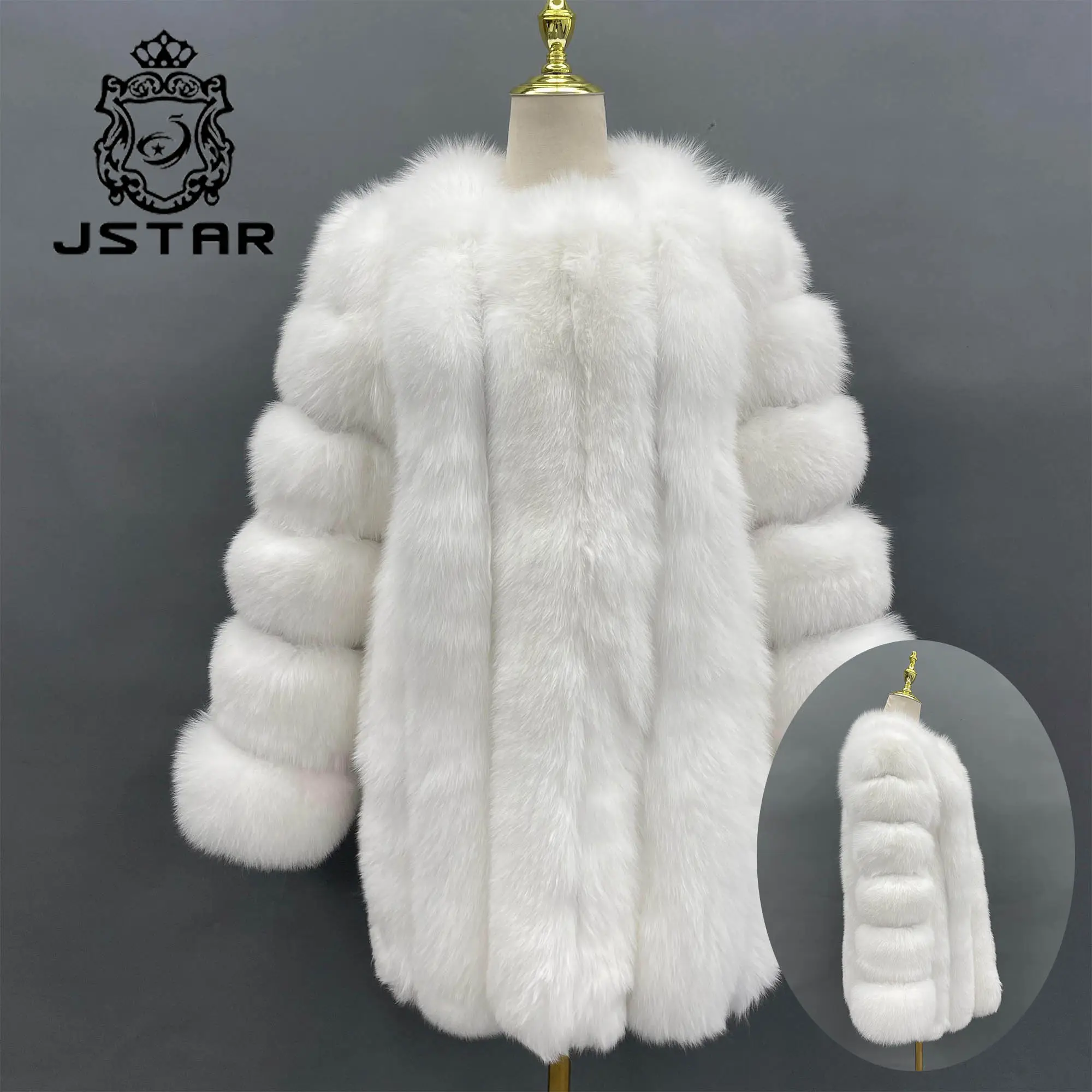 Jstar winter women white real fur jacket crop genuine fox fur garment female o-neck long vertical fox fur coat